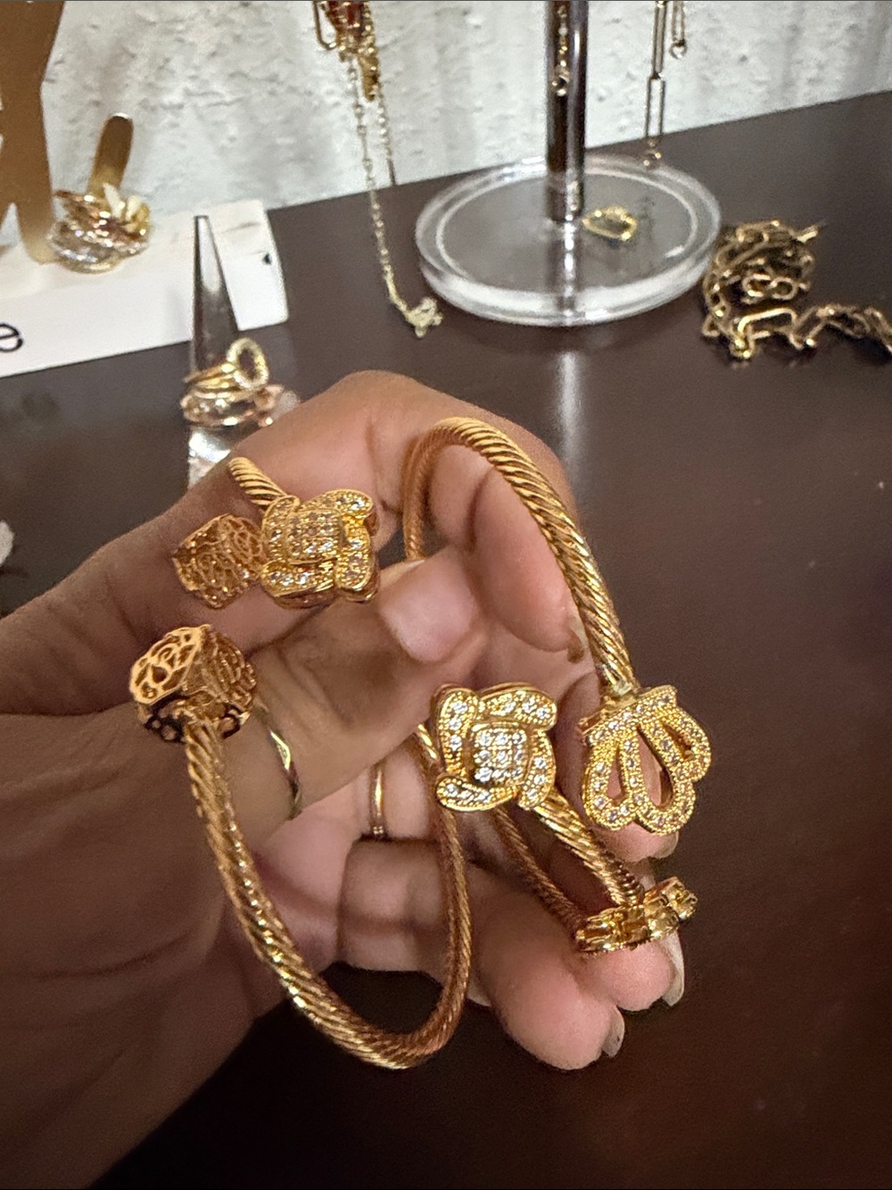 Gold-Tone Floral Crystal Cuff Bracelet - Elegant Women’s Jewelry set of 3